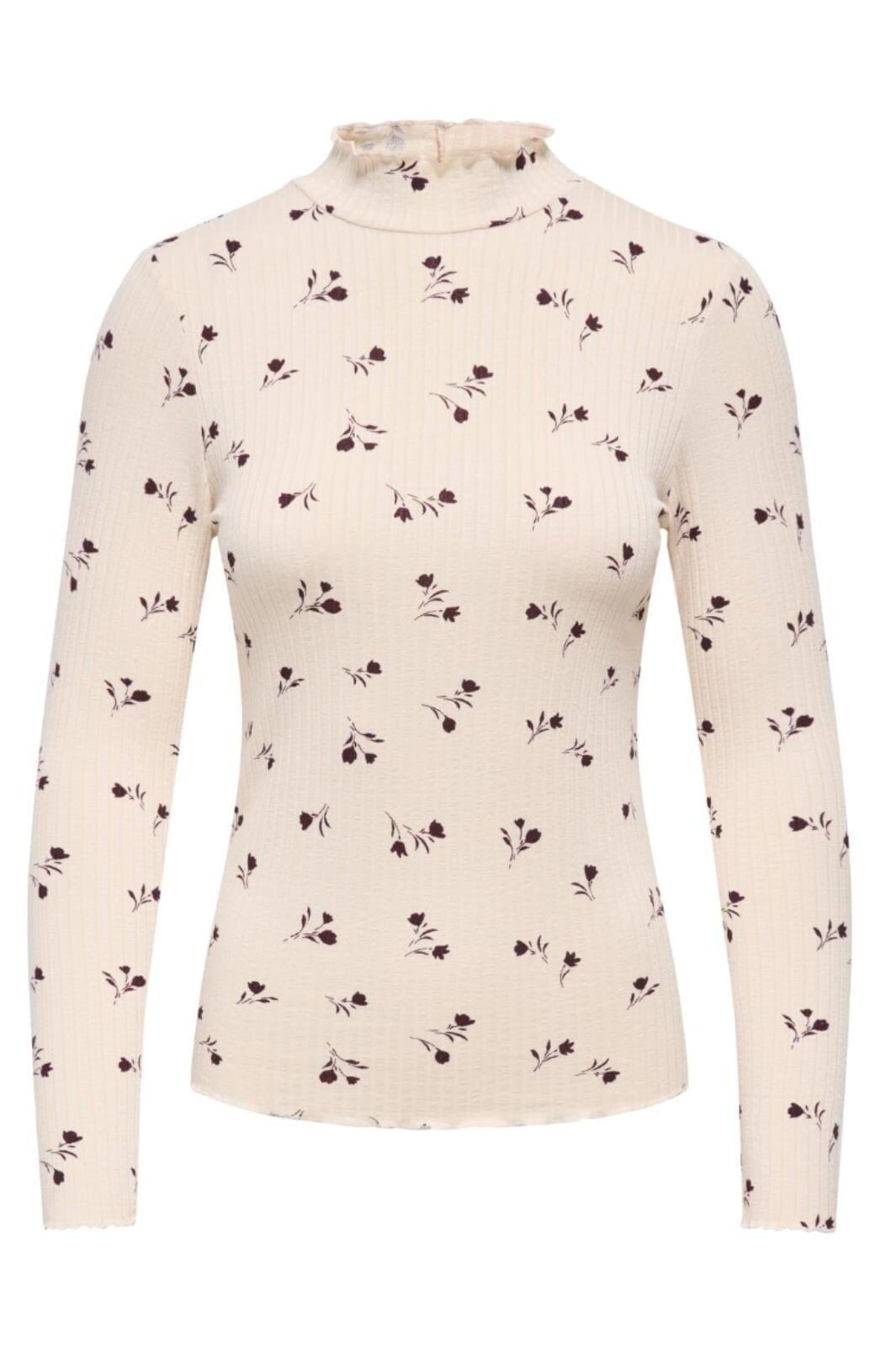 JDY - Jdyfransiska Life L/S Hi-Nck Top - 5067470 Whitecap Gray Winetasting Flower Bluser 