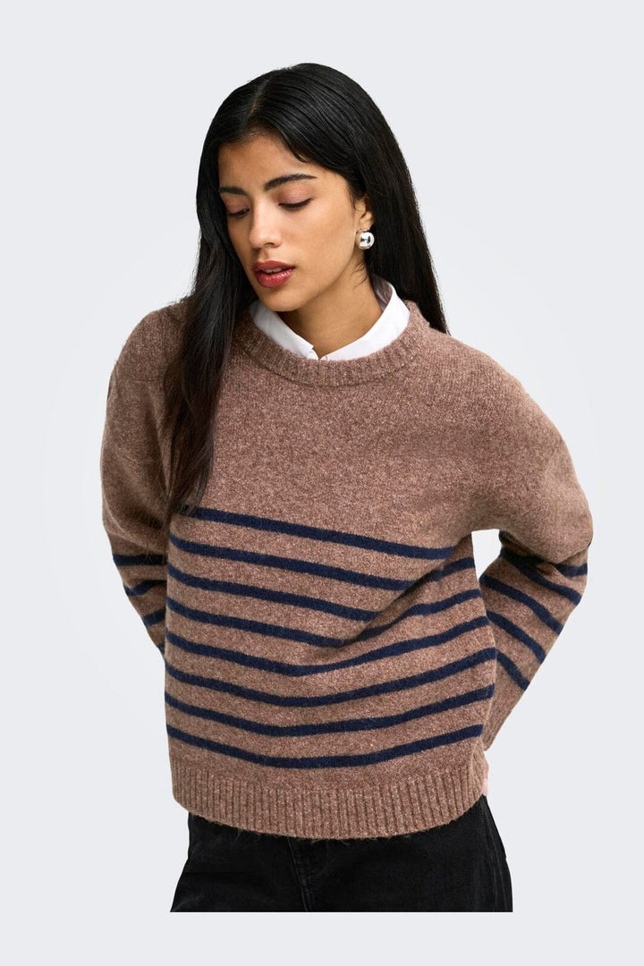JDY - Jdyneel L/S O-Neck Stripe Pullover Knt - 5121138 Bison Black Iris Thin Stripes