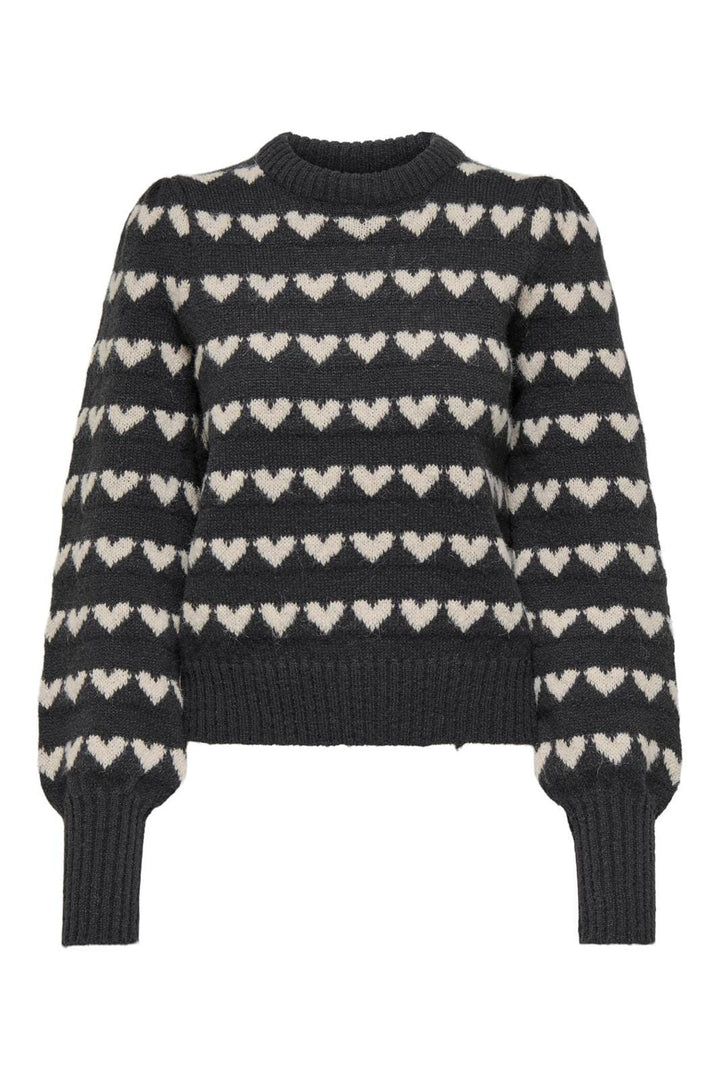 JDY - Jdysigrid Life L/S On Puff Pull Knt - 4816422 Dark Grey Melange W. Cement Hearts