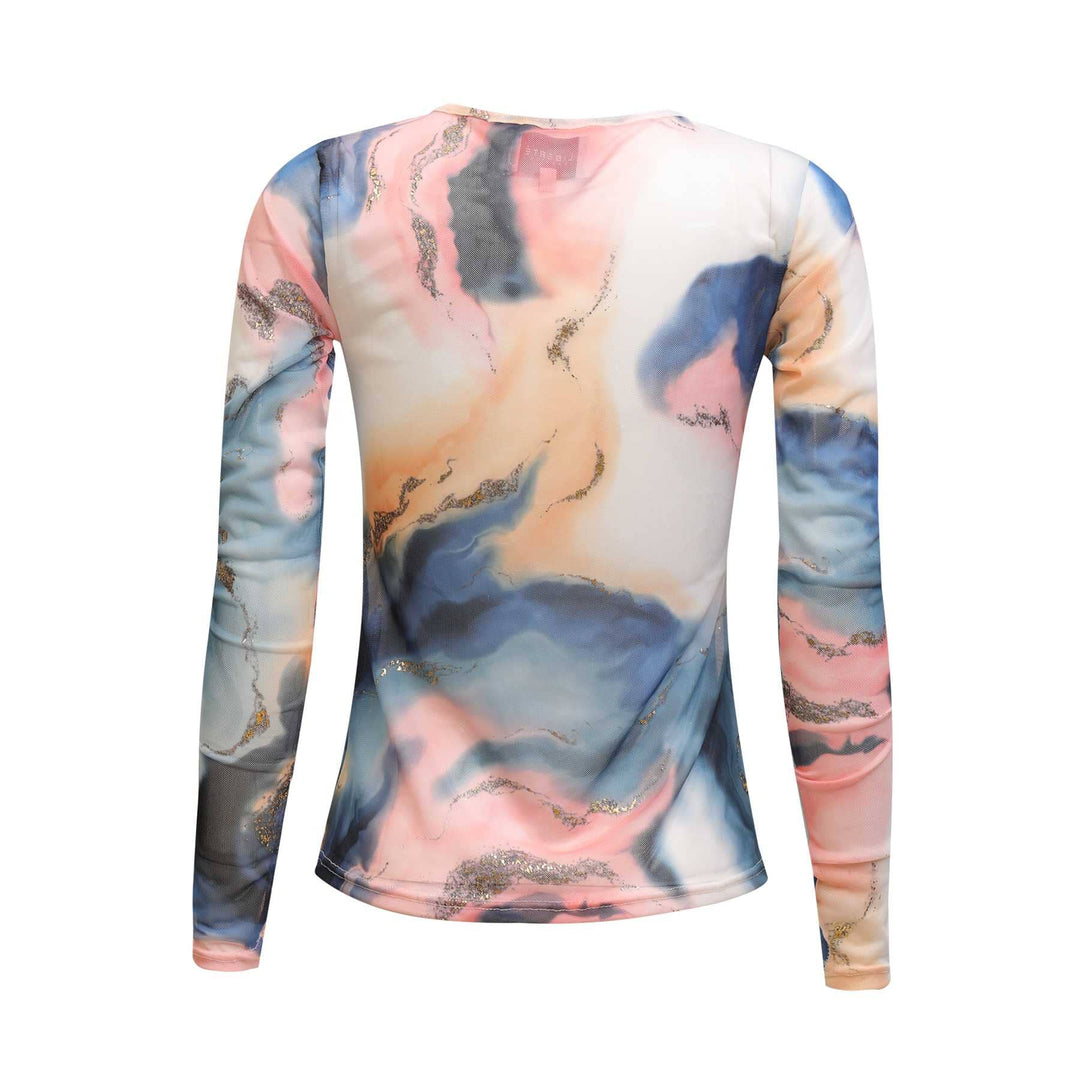 Liberte - Mesh Ls Tshirt 22065 - Blue Peach Gold Marble Bluser 