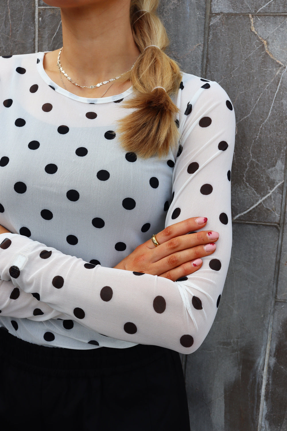 Liberte - Mesh Ls Tshirt 22065 - White Black Big Dot T-shirts 