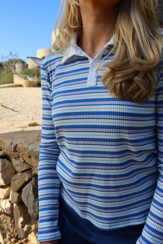 Liberte - Natalia-Ls-Polo-Blouse 22163 - Blue White Rose Stripe