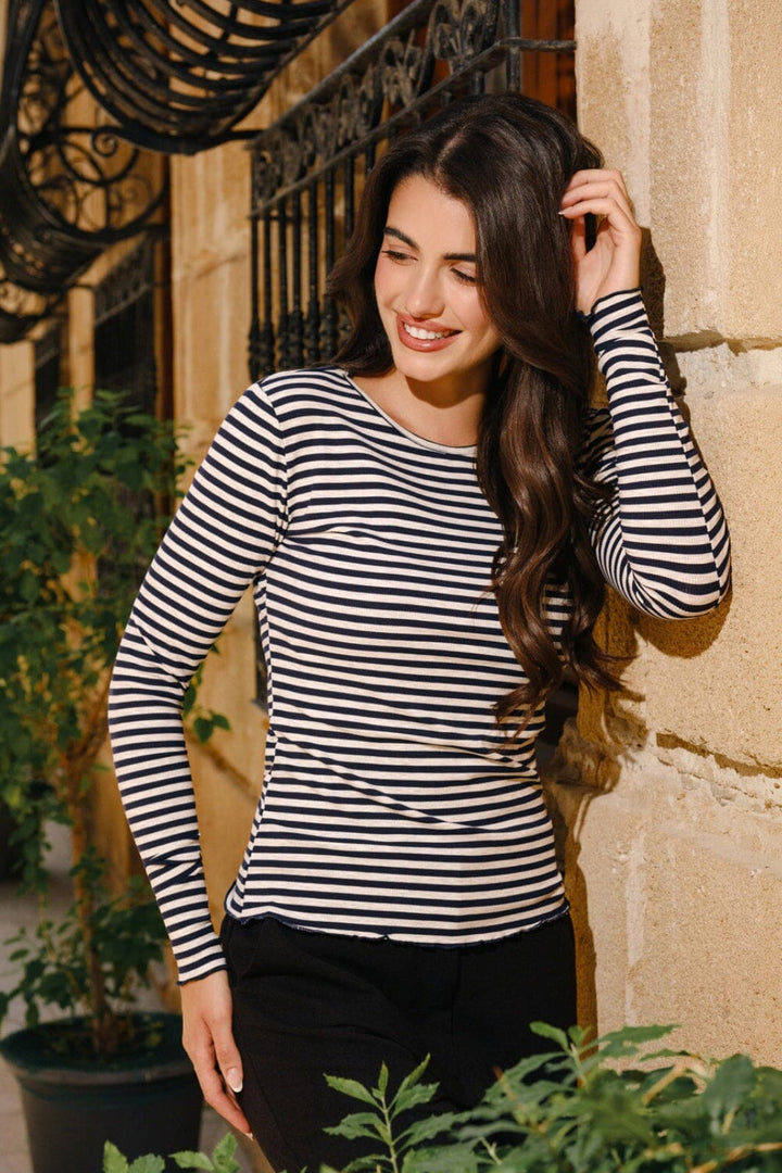 Liberte - Natalia Ls Round Neck Blouse 9914 - Navy Grey Mel. Stripe