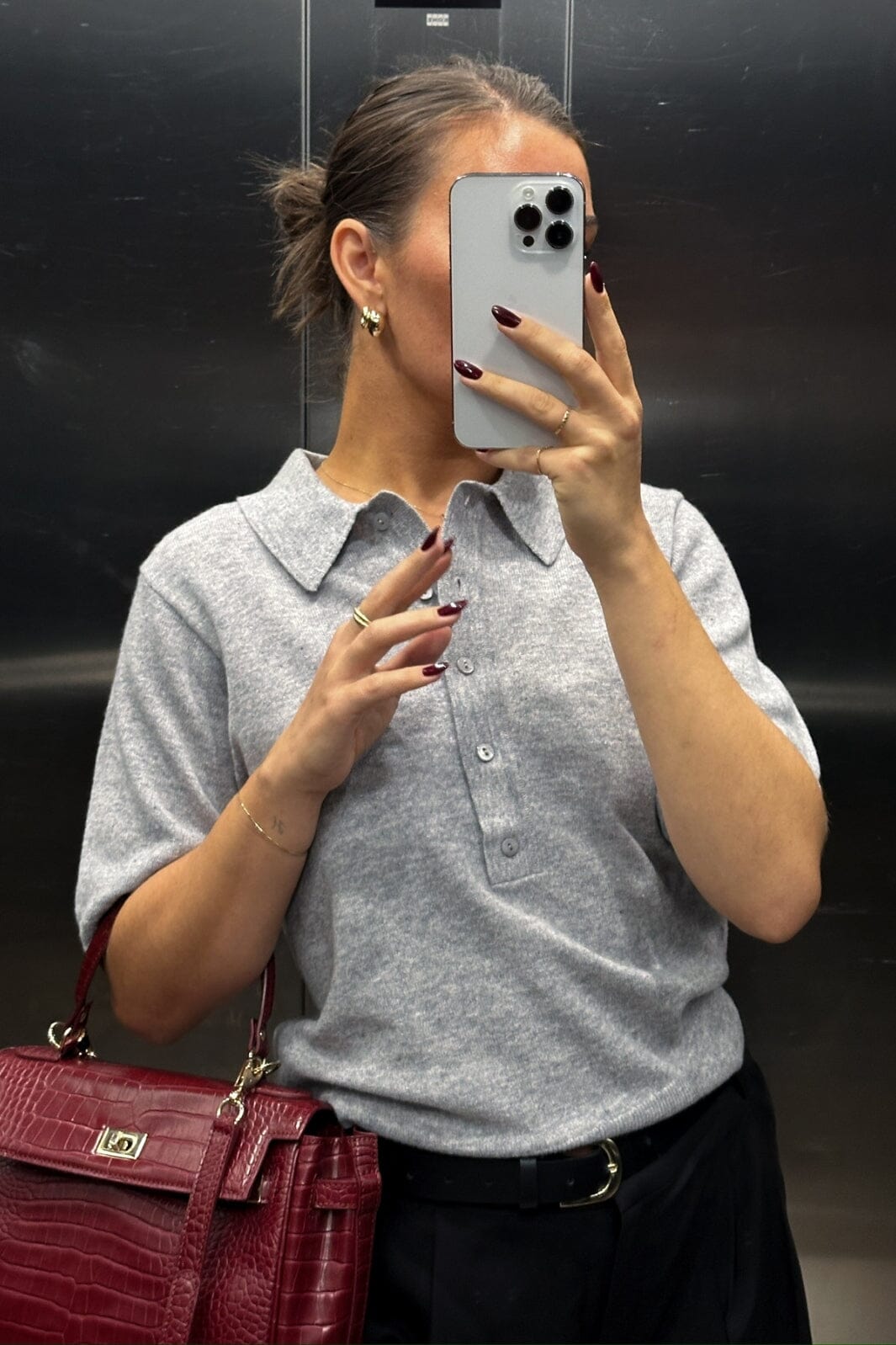 Neo Noir - Gracie Knit Polo Tee - Light Grey Melange