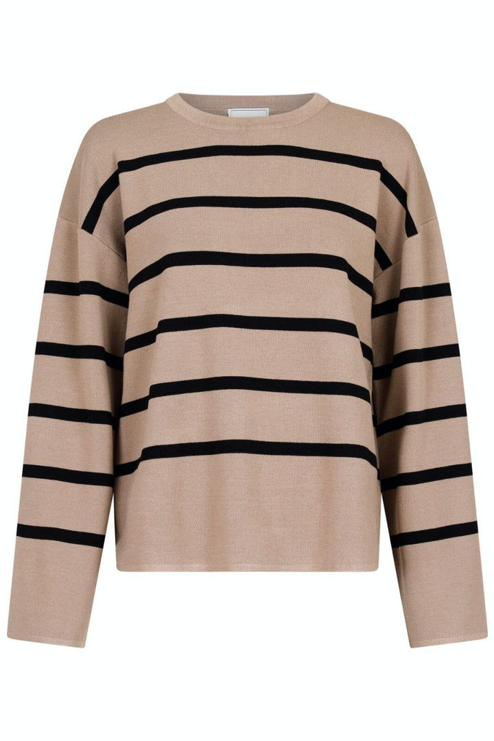 Neo Noir - Shana Stribe Knit Blouse - Khaki Strikbluser 