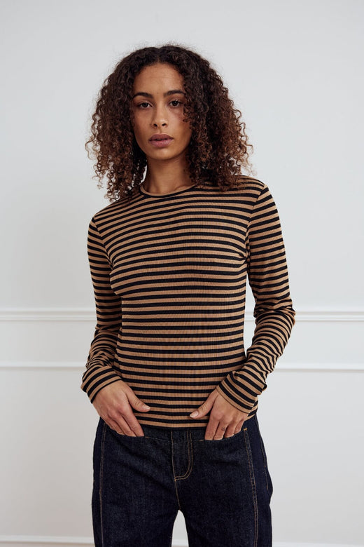 Noella - Luana Top 14030002 - 1379 - Dark Sand Black Stripe T-shirts 