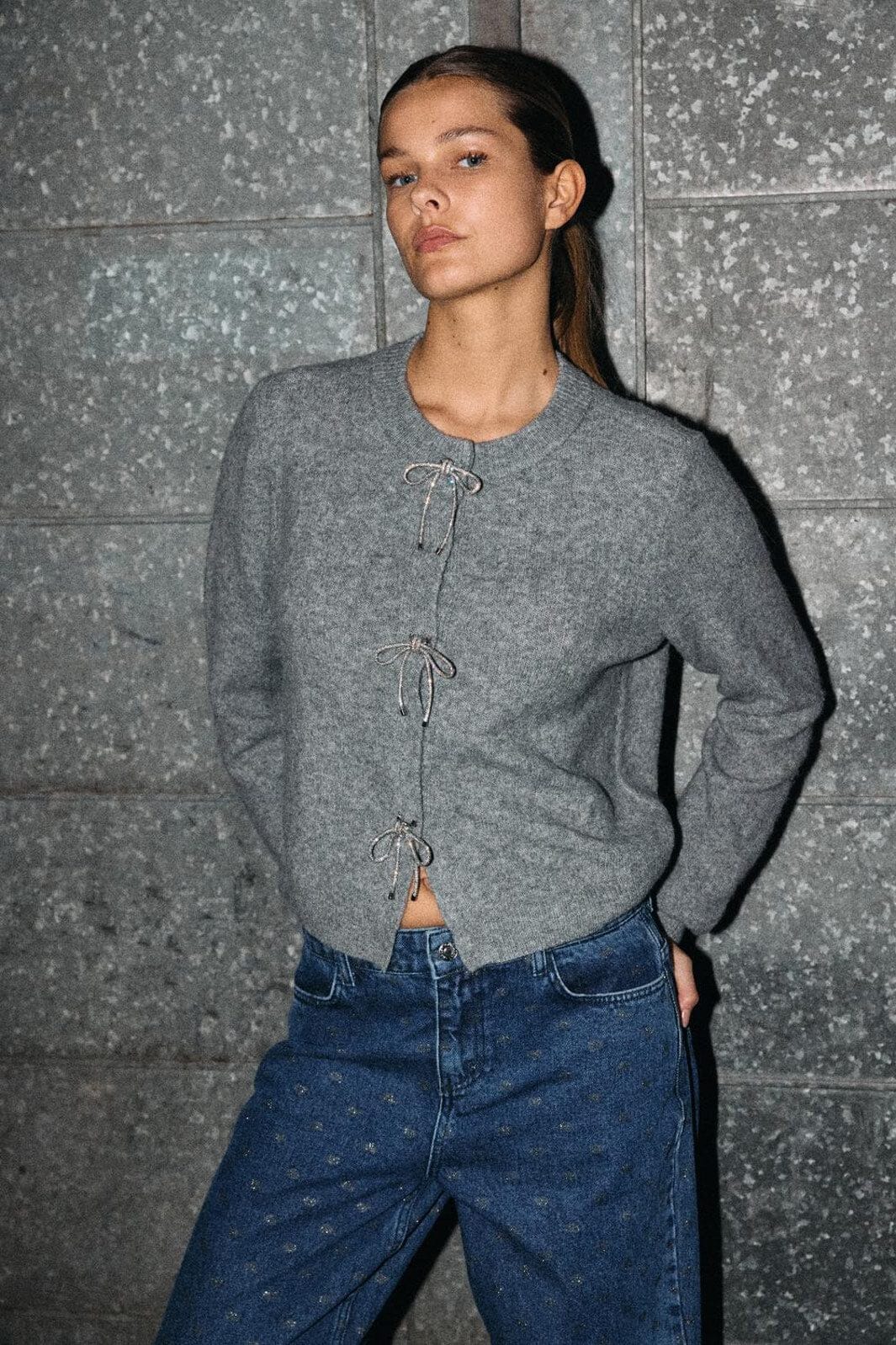 Noisy May - Nmbrayana L/S Bow Trim Knit Cardigan - 4903272 Ultimate Grey Sequin Bow