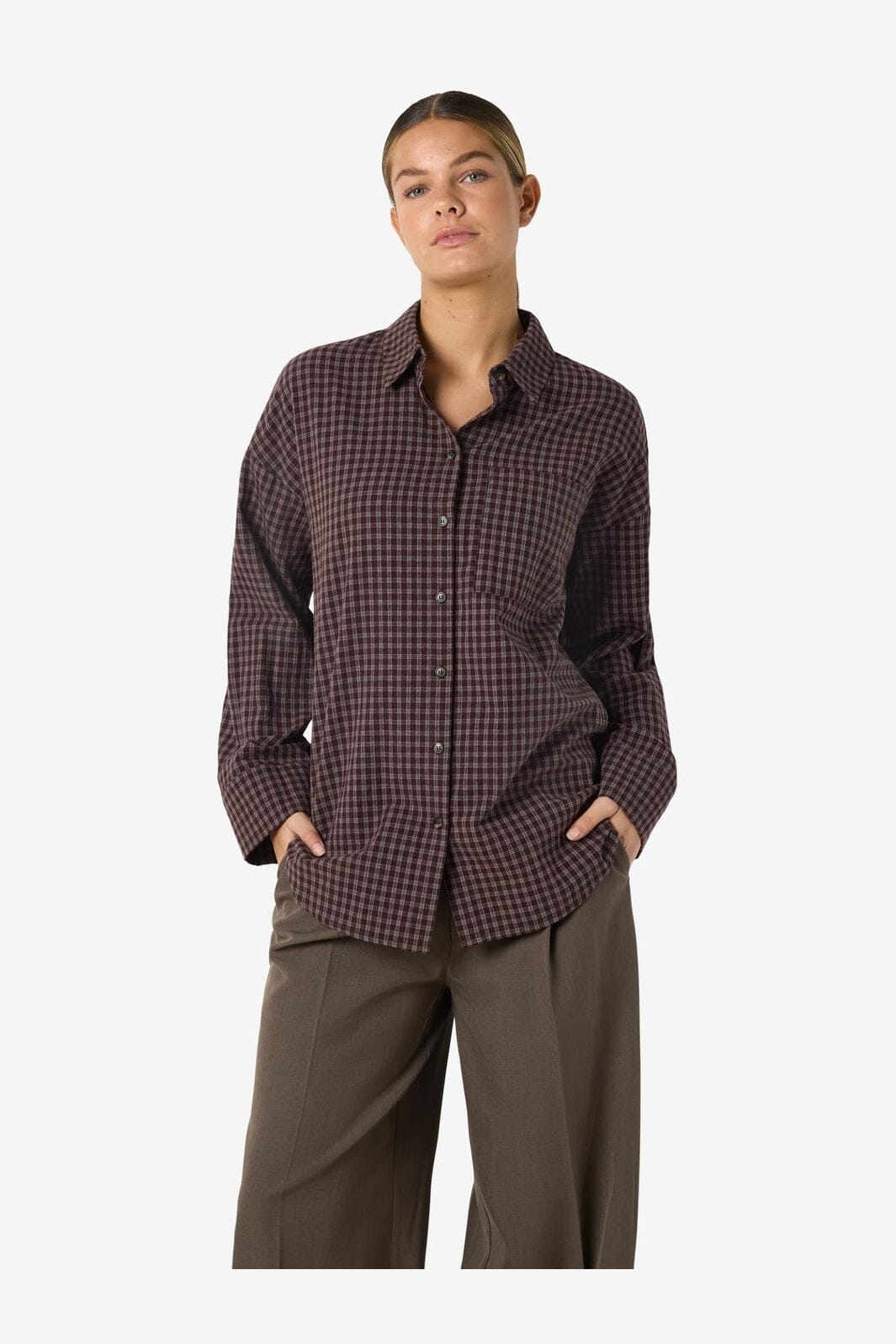 Noisy May - Nmhailey Zoe L/S Check Shirt - 5117232 Chocolate Brown Birch