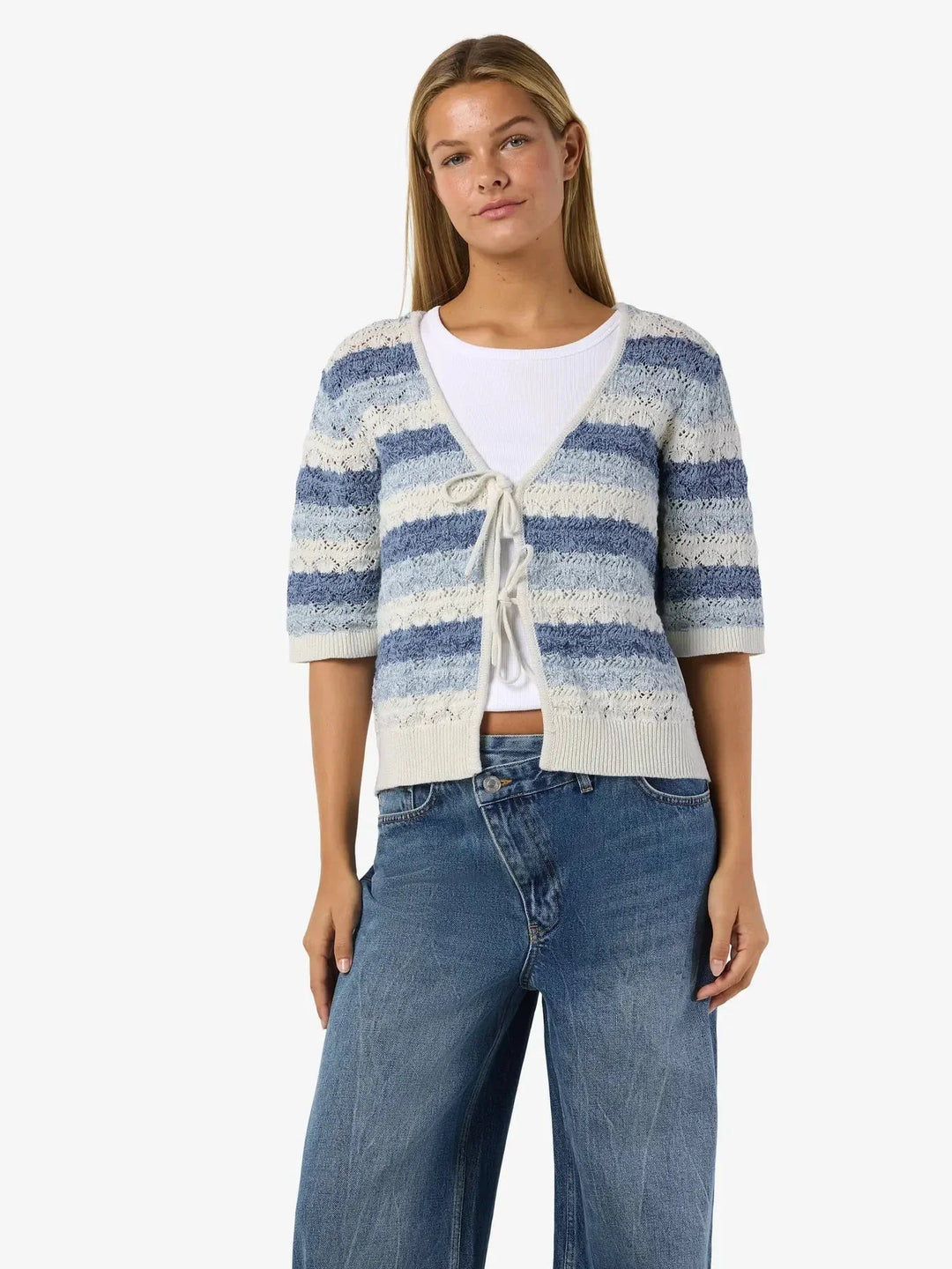 Noisy May - Nmlaika S/S Tie Knit Top Fwd - 4946489 Birch Blue Combination Cardigans 