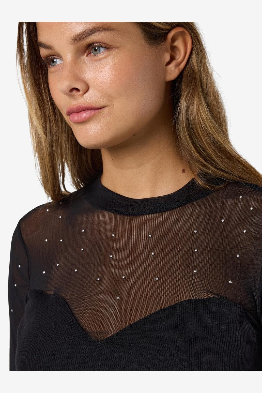 Noisy May - Nmmaya L/S Mix Detail Top - 4652883 Black Stud Mesh W. Stones