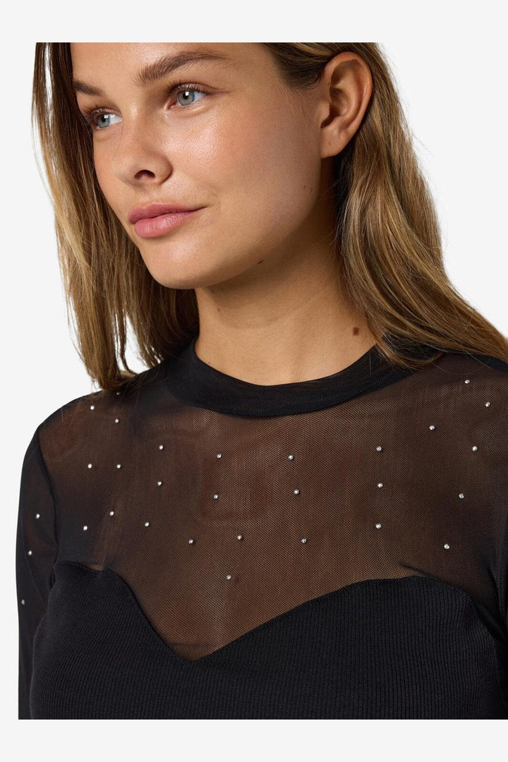 Noisy May - Nmmaya L/S Mix Detail Top - 4652883 Black Stud Mesh W. Stones