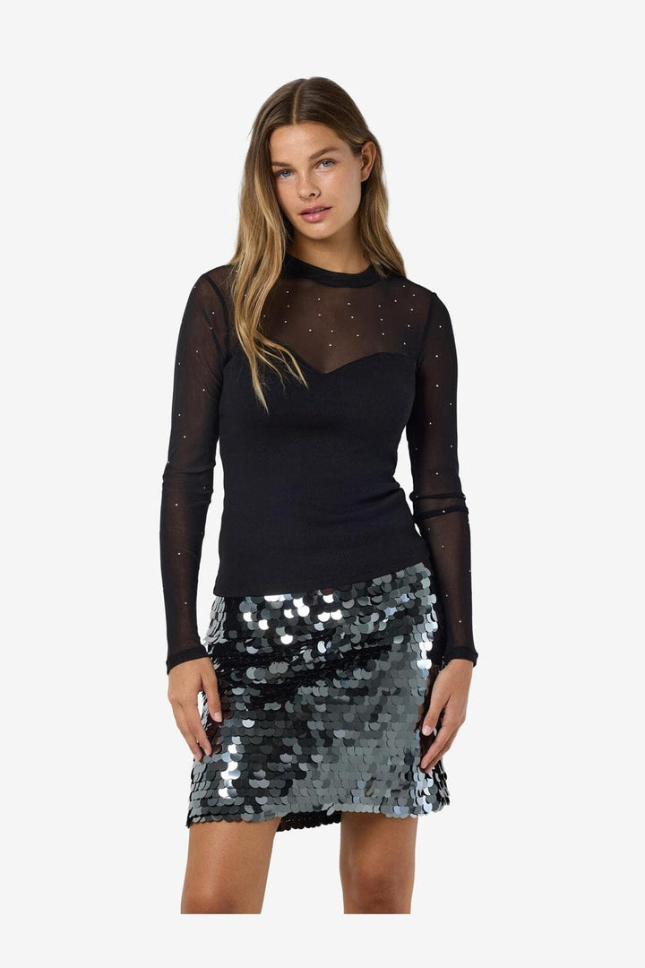 Noisy May - Nmmaya L/S Mix Detail Top - 4652883 Black Stud Mesh W. Stones