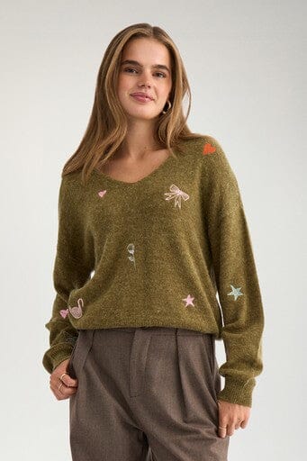 Nümph - Nuyppa Embroidery Pullover 707599 - Fir Green Strikbluser 