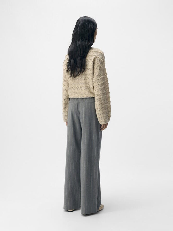 Object - Objlisa Wide Pant - 4800477 Medium Grey Melange Humus Pinstripe Bukser 