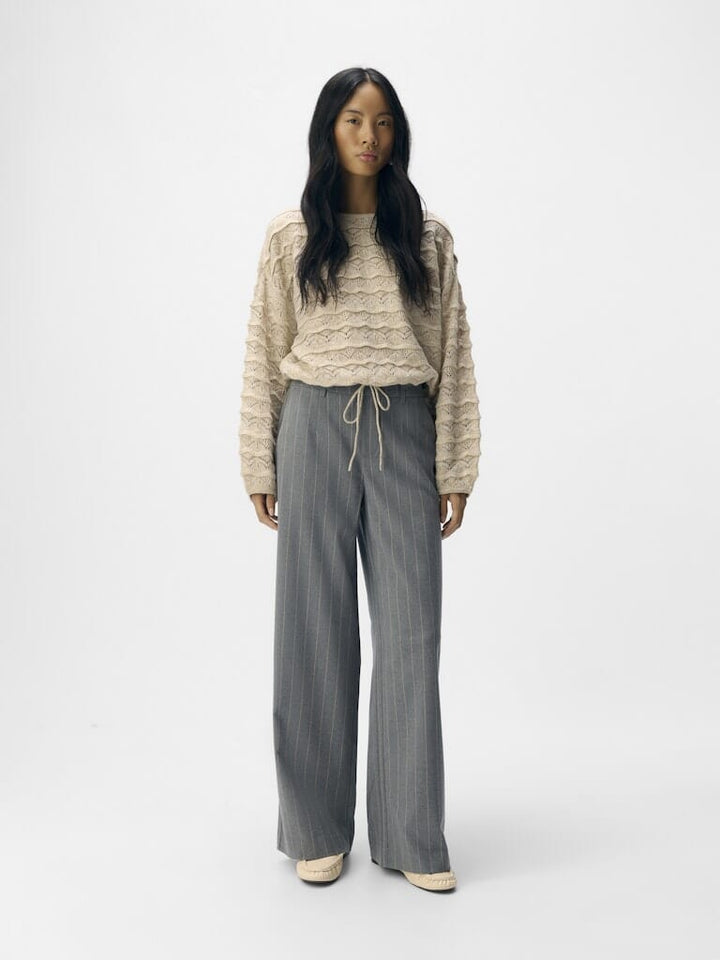 Object - Objlisa Wide Pant - 4800477 Medium Grey Melange Humus Pinstripe Bukser 