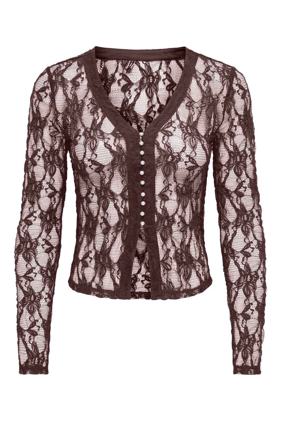 Only - Onlalba L/S V-Neck Lace Top - 5026789 Decadent Chocolate Only Stores Buttons