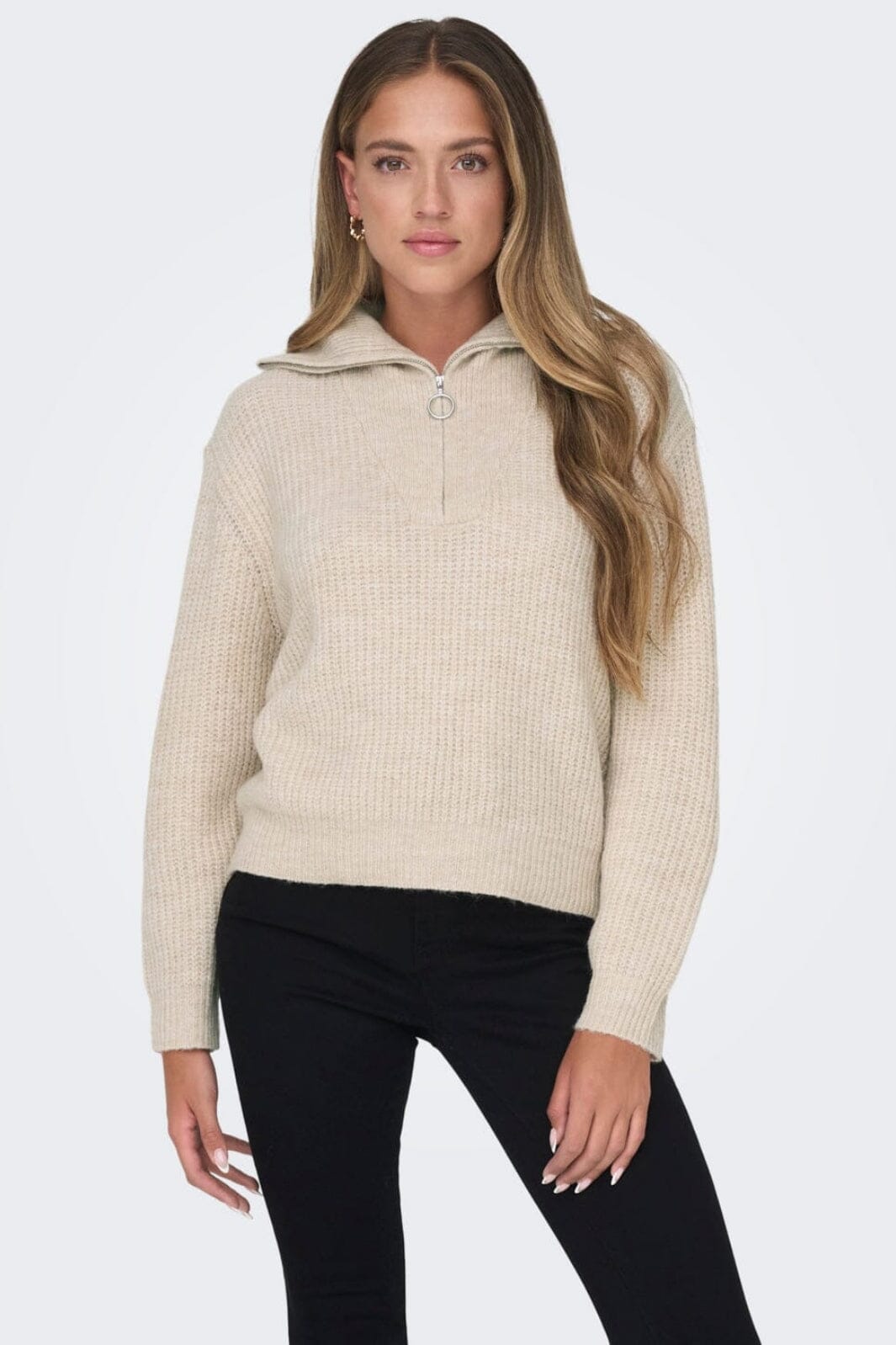 Only - Onlbaker L/S Zip Pullover Knt - 4117785 Cloud Dancer Melange