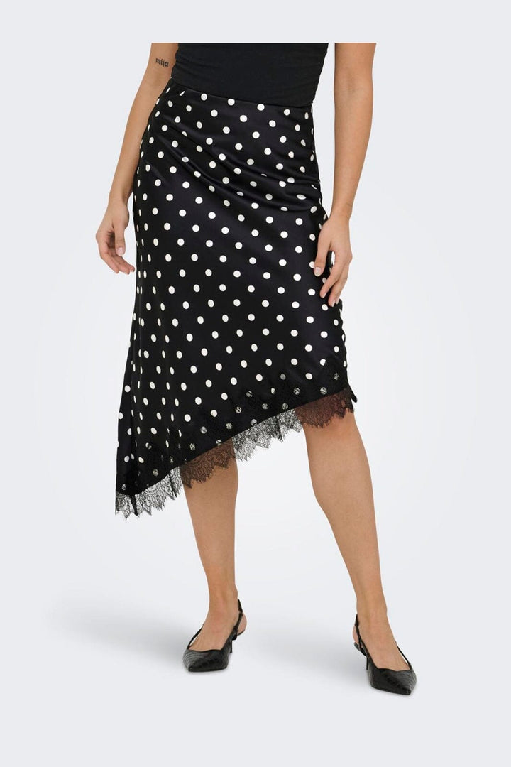 Only - Onlbella Slanted Satin Lace Skirt - 5127225 Black White Dot And Black Lace