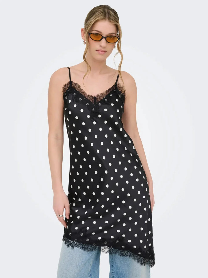 Only - Onlbella Strap Satin Lace Dress - 5126133 Black White Dot And Black Lace Kjoler 
