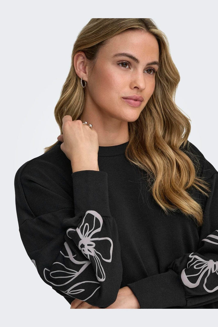 Only - Onlbrooke L/S O-Neck Flower Swt - 4989287 Black Magnolia Flower Sleeve Puff