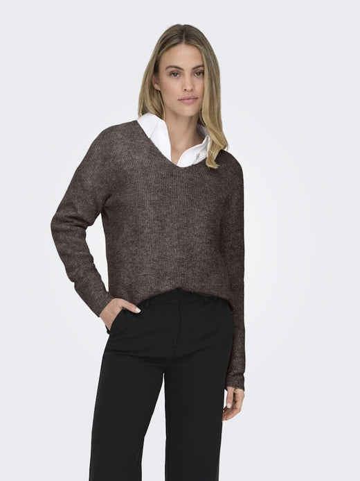 Only - Onlcamilla V-Neck L/S Pullover Knt - 4807844 Chocolate Martini Melange Strikbluser 