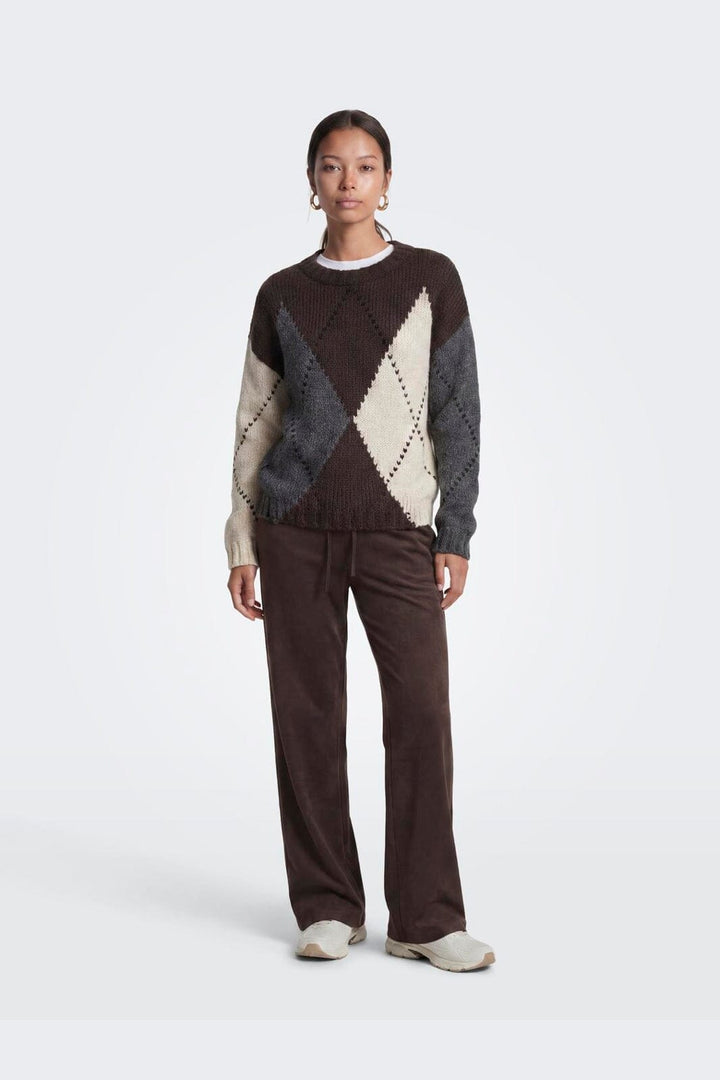 Only - Onlcozy Ls Argyle O-Neck Knt - 5103097 Coffee Bean Argyle/Birch/Dgm/Black