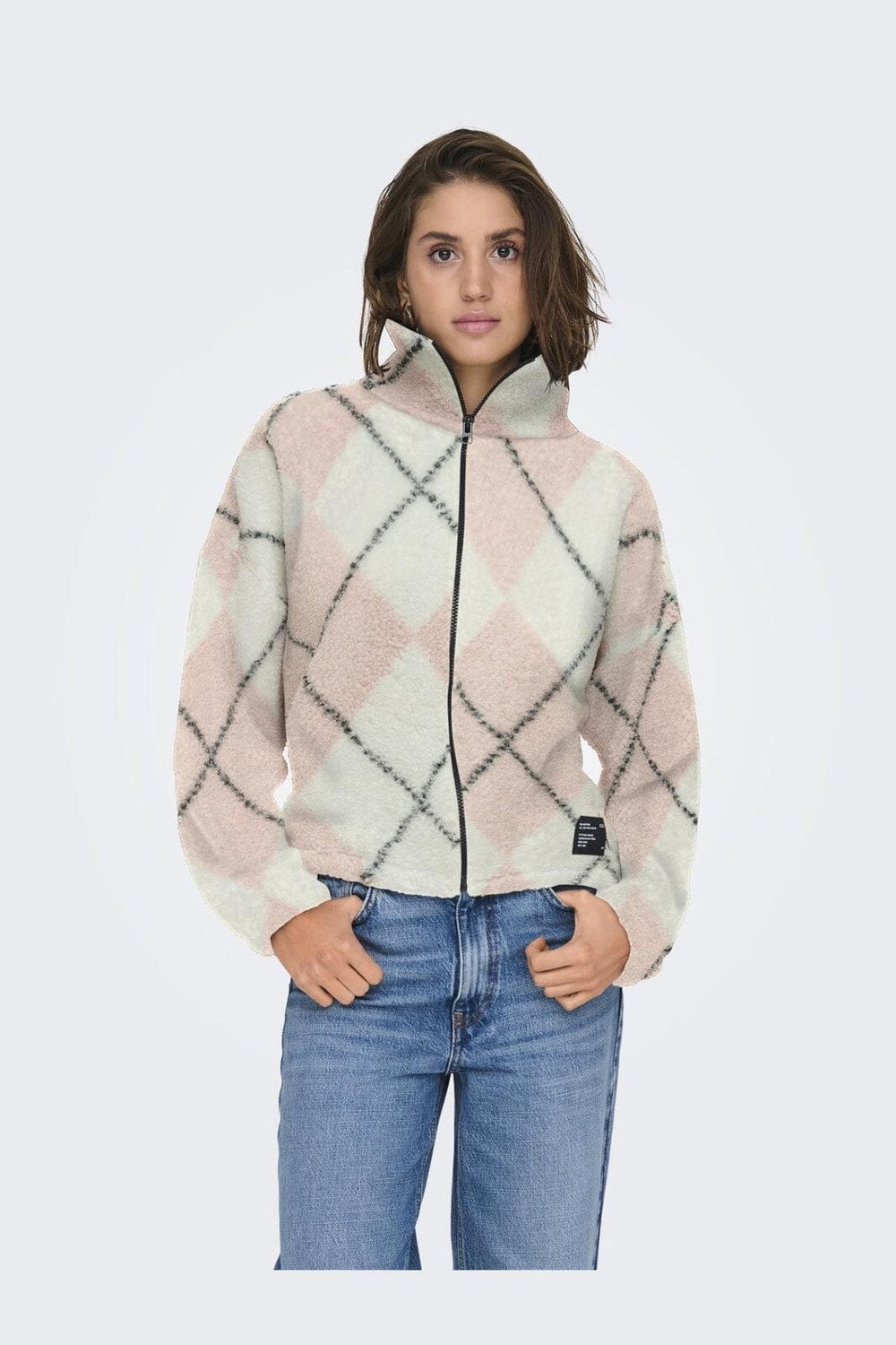 Only - Onleline Life L/S Zip Teddy Swt - 4925874 Rose Smoke Cloud Dancer + Black + Label Brooklyn