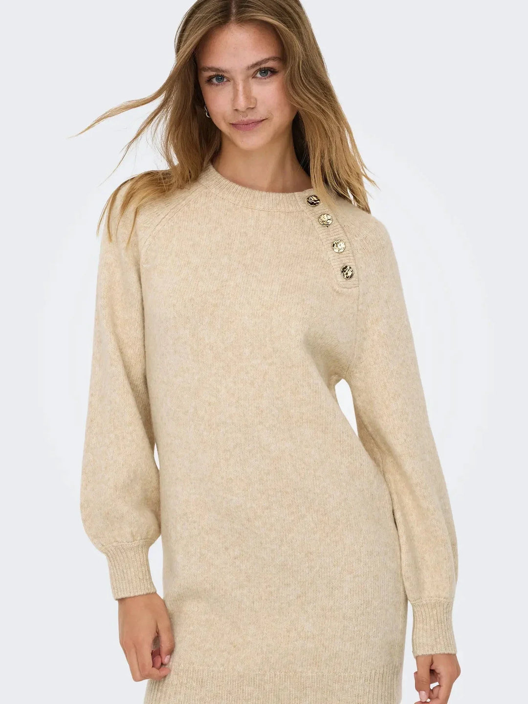 Only - Onlemma Life Ls Button Onec Dress Cc Knt - 4853470 Pumice Stone Melange/Gold Button Kjoler 