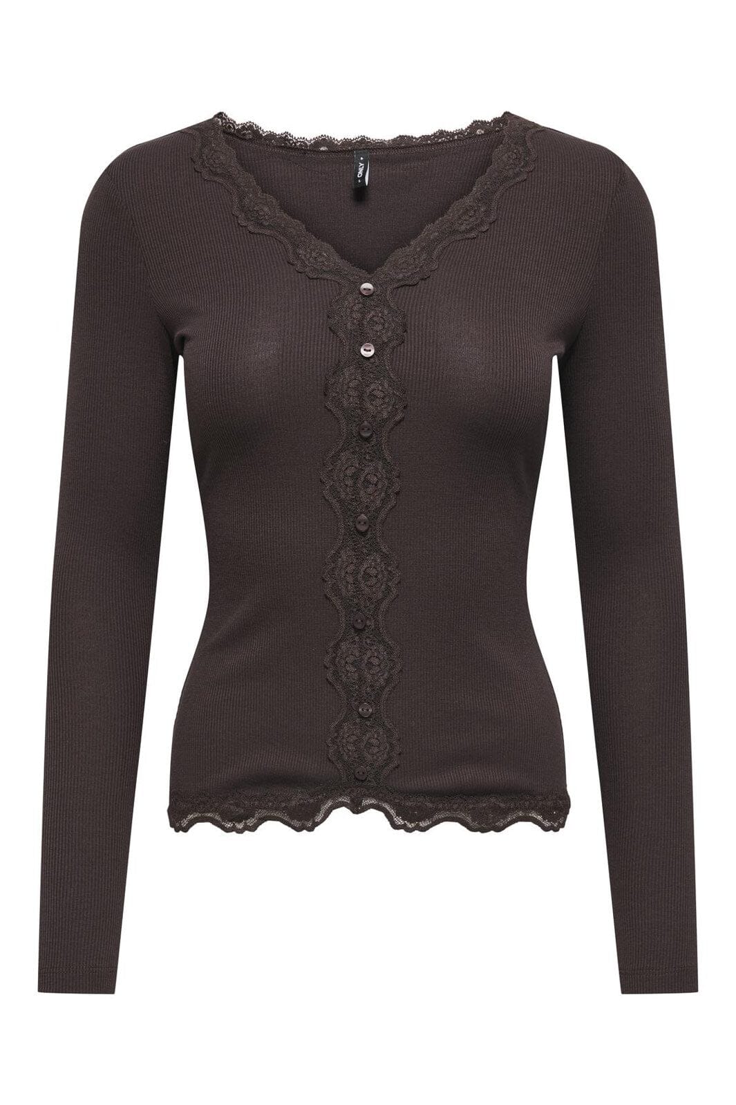Only - Onlenea L/S Lace Mix Placket Top - 4868804 Black Coffee Pearl Buttons