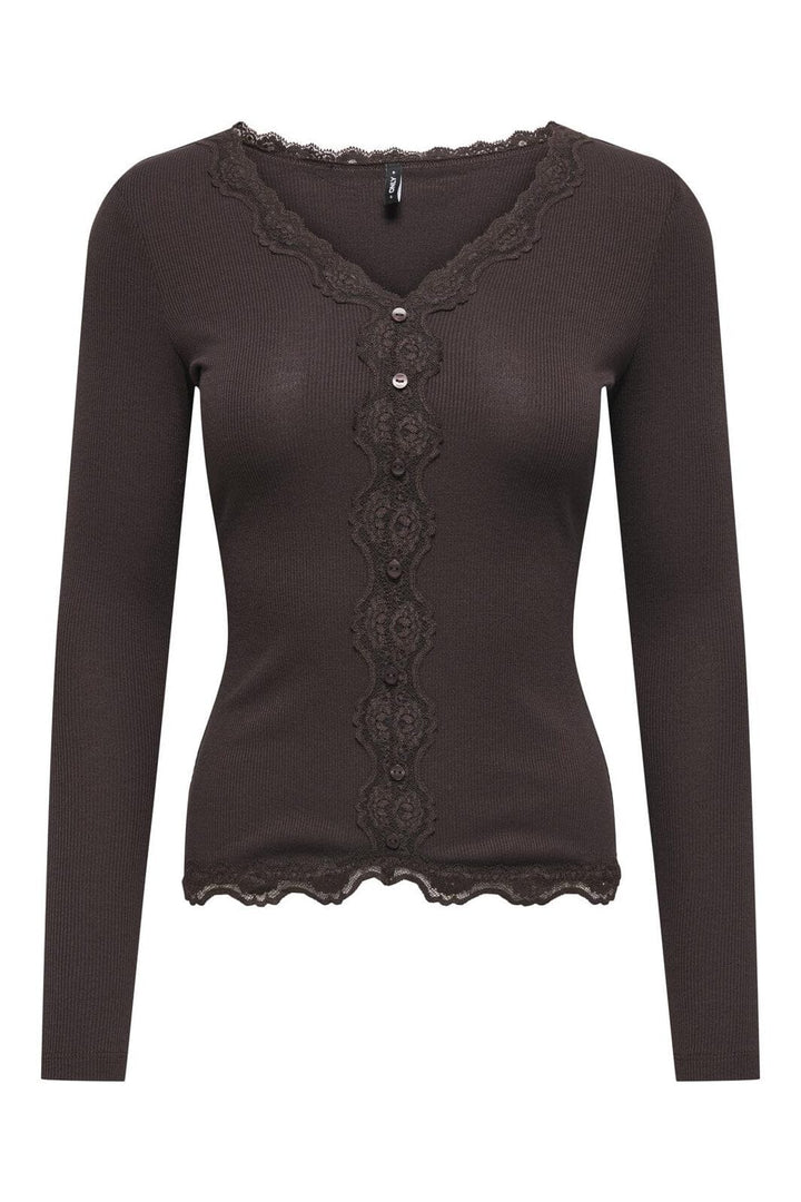 Only - Onlenea L/S Lace Mix Placket Top - 4868804 Black Coffee Pearl Buttons