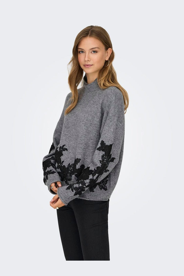 Only - Onllisa Ls Highneck Detail Knt - 4948887 Medium Grey Melange Black Embroidery