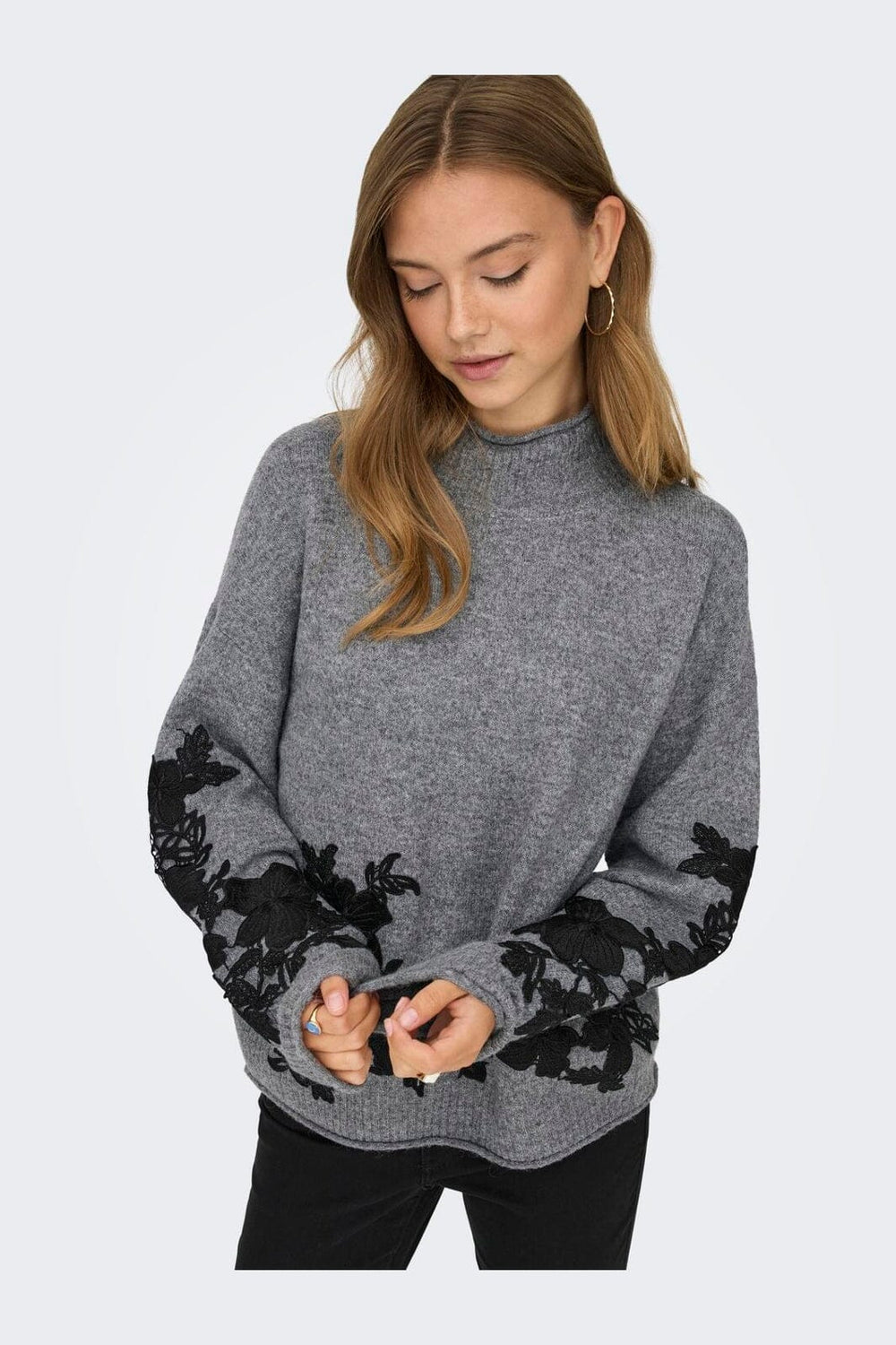 Only - Onllisa Ls Highneck Detail Knt - 4948887 Medium Grey Melange Black Embroidery