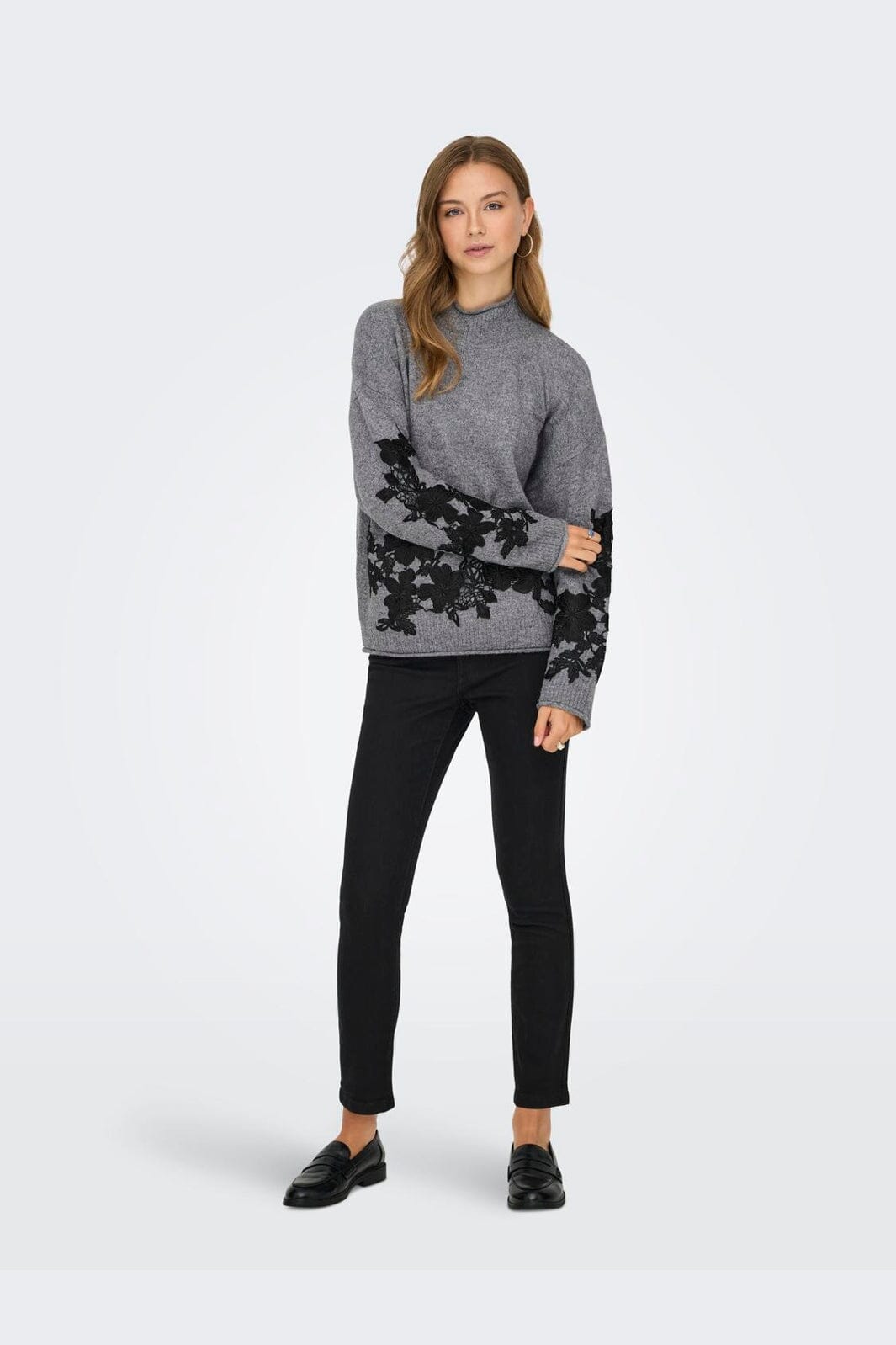 Only - Onllisa Ls Highneck Detail Knt - 4948887 Medium Grey Melange Black Embroidery