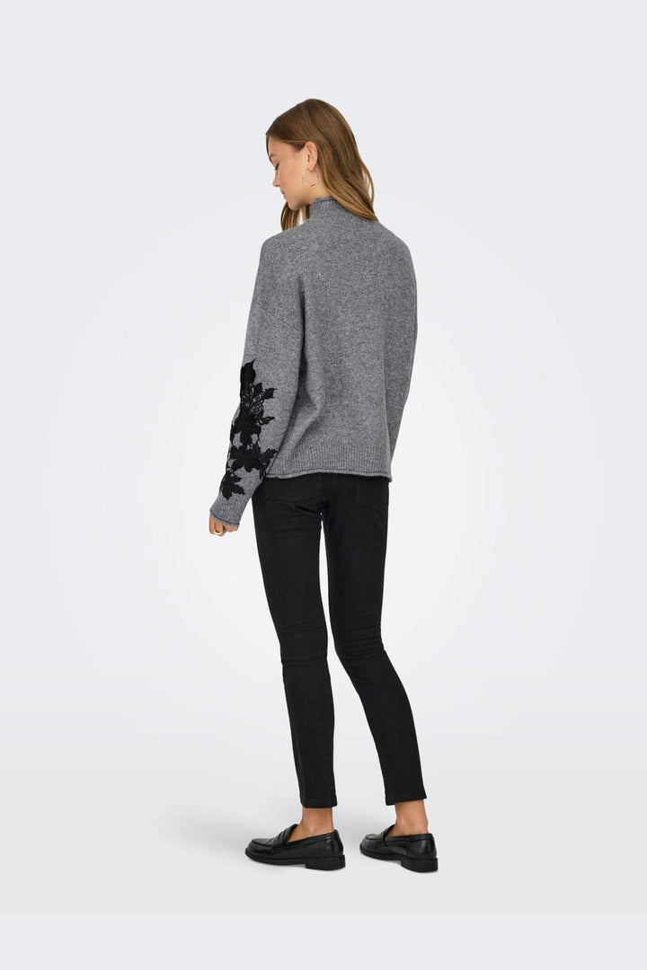Only - Onllisa Ls Highneck Detail Knt - 4948887 Medium Grey Melange Black Embroidery