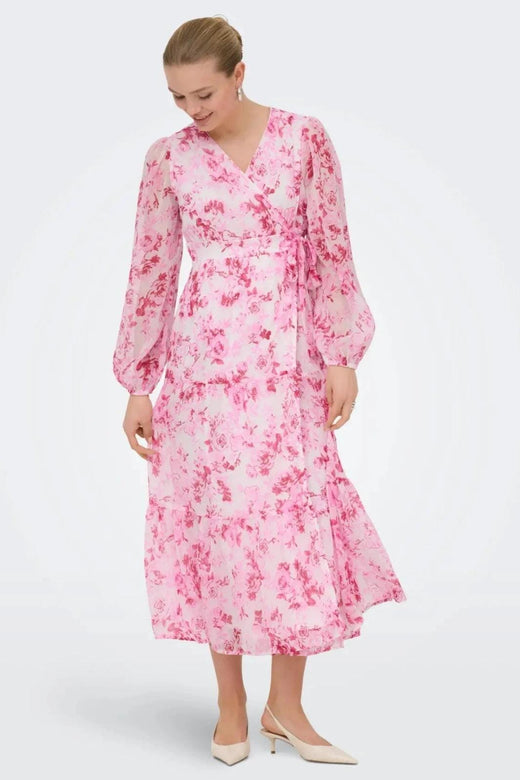 Only - Onlmiriam Ls Wrap Midi Dress - 5018335 Pink Marshmallow Porcelain Flowers Kjoler 
