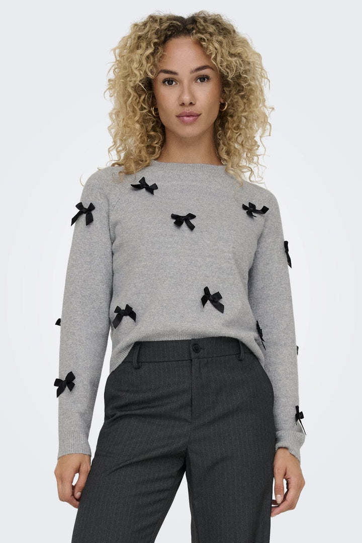 Only - Onlnoelle Life Ls Bow Pullover Knt - 4726981 Light Grey Melange W. Black Bows