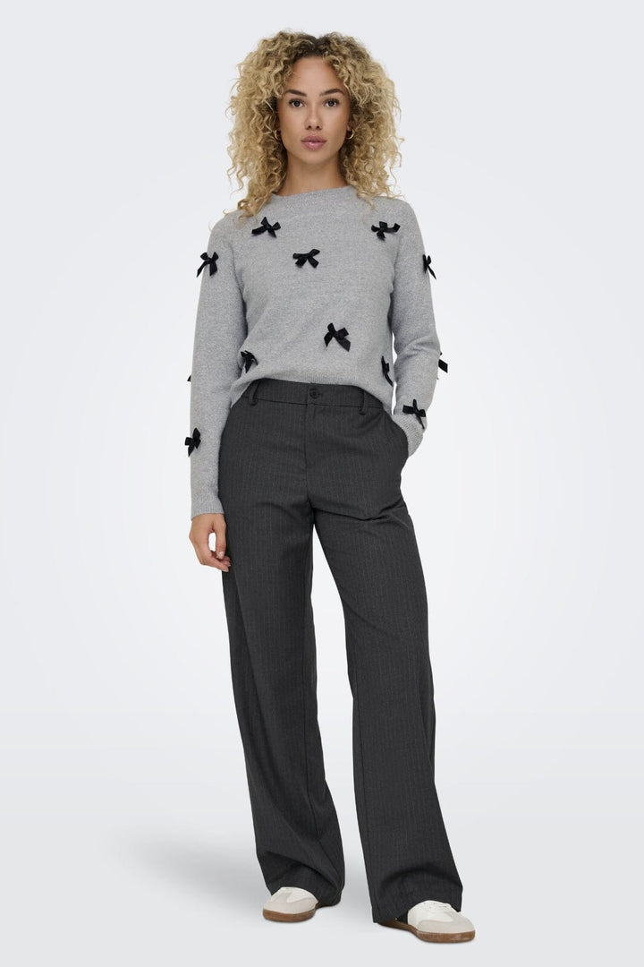 Only - Onlnoelle Life Ls Bow Pullover Knt - 4726981 Light Grey Melange W. Black Bows