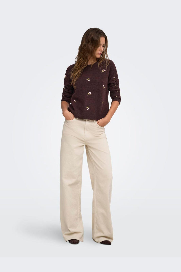 Only - Onlshine Ls Embroidery O-Neck Cc Knt - 5100611 Fudge Mel/Flower Body/Beech/Pale L/Birch