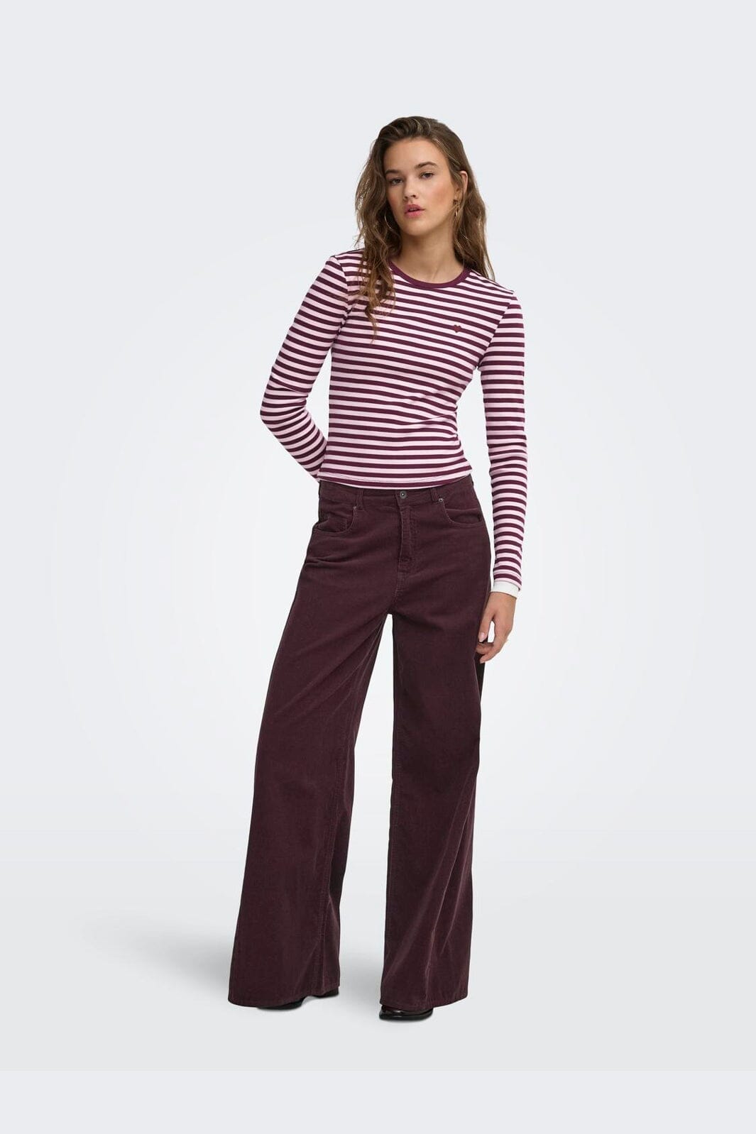 Only - Onlval L/S O-Neck Stripe Top - 5084119 Fig Pale Lilac (Mette) + Emb. Heart