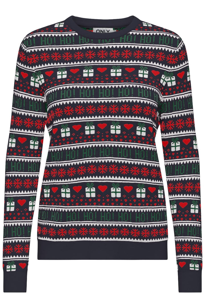 Only - Onlxmas Present Ls O-Neck Knt - 4631357 Night Sky Cloud D/High Risk Red/Green Jacket