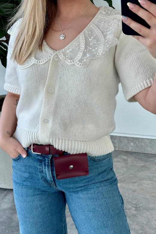 Pieces - Pcabby Ss Lace Collar Knit Cardigan Fsy - 4900923 Cloud Dancer Cardigans 