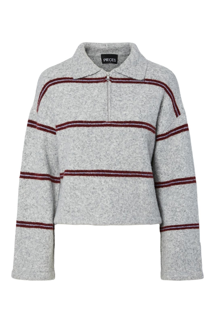 Pieces - Pcalima Ls Zip Polo Knit - 4956417 Light Grey Melange Port Royale