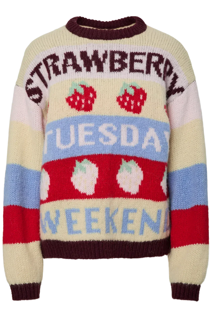 Pieces - Pcbikka Ls O-Neck Knit - 4949295 French Vanilla Multicolor Statements Strikbluser 