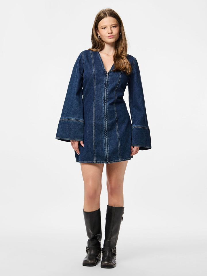 Pieces - Pcflora Ls Denim Dress - 4965162 Dark Blue Denim Kjoler 