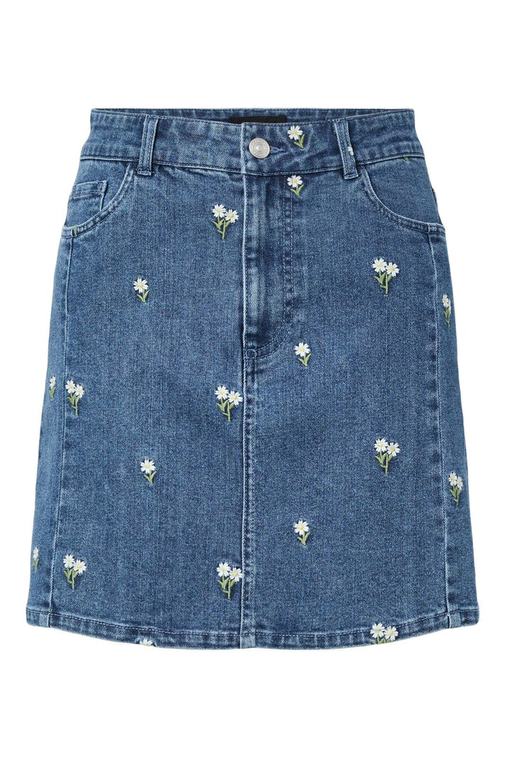 Pieces - Pcflora Short Denim Emb Skirt - 5068174 Medium Blue Denim White Flower Embroidery