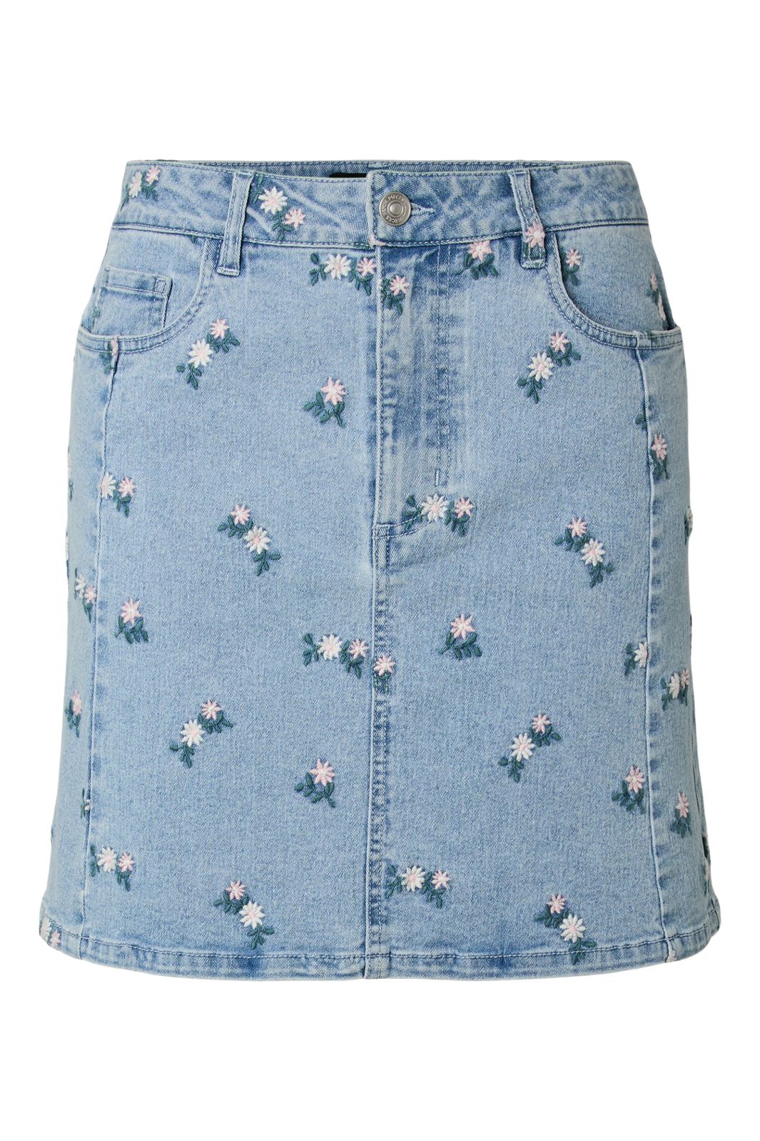 Pieces - Pcflora Short Denim Emb Skirt - 5068175 Light Blue Denim Pink Flower Embroidery