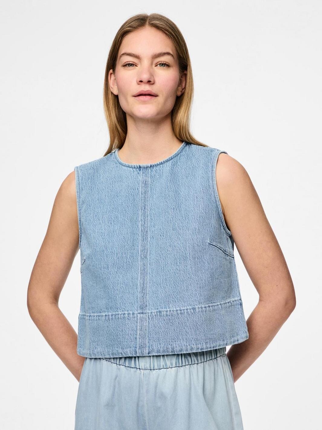 Pieces - Pcflora Sl Denim Top - 4774692 Light Blue Denim