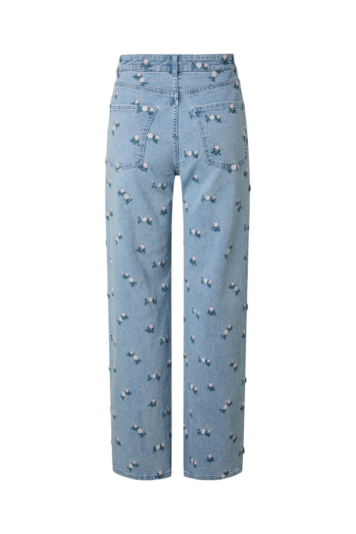 Pieces - Pcflora Straight Emb Jeans - 5068185 Light Blue Denim Pink Flower Embroidery