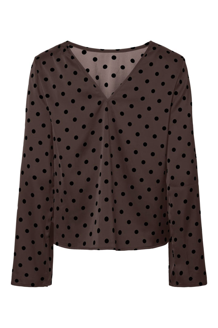 Pieces - Pcjytta Ls Satin Top - 5069032 Hot Fudge Black Dots