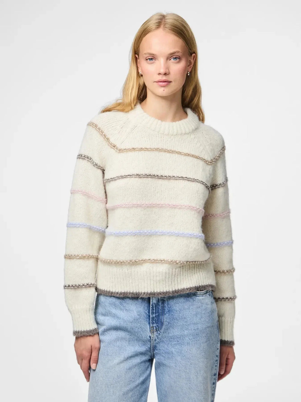 Pieces - Pcnelia Ls O-Neck Knit - 4803220 Birch Grei/More/Dapi/Blaven Strikbluser 